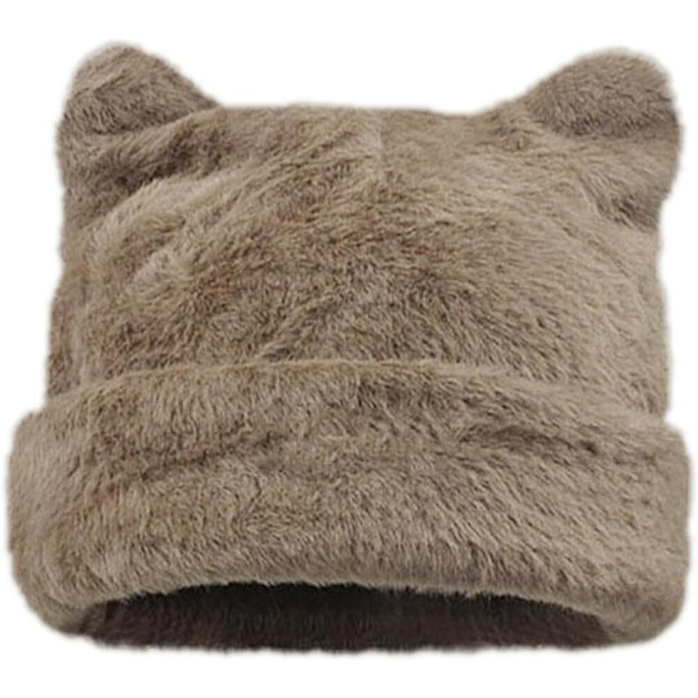 Womens Light Khaki Winter Beanie Hat Cute Cat/Bear Ear Hat with Internal Support